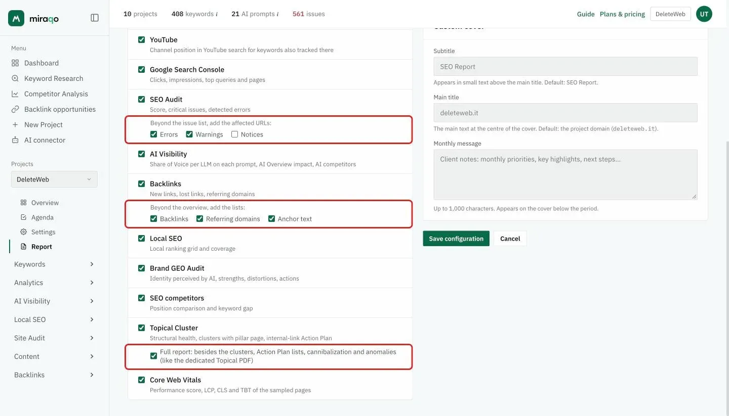 The Report Sections card: one checkbox per section with the description and, highlighted below SEO Audit, Backlinks and Topical Cluster, the optional detail checkboxes