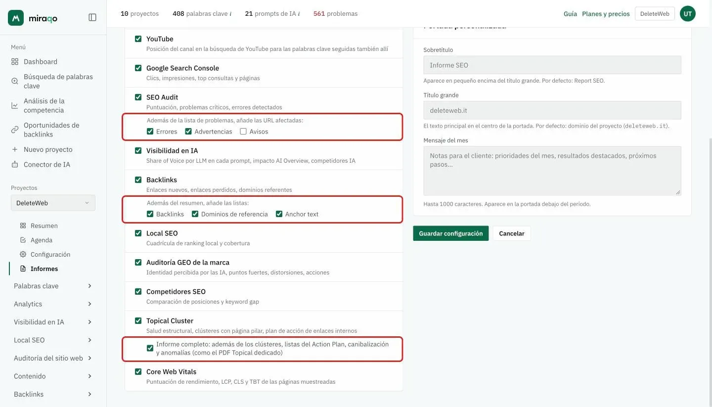 La tarjeta Secciones del informe: una casilla por sección con la descripción y, resaltadas debajo de SEO Audit, Backlinks y Topical Cluster, las casillas de los detalles opcionales