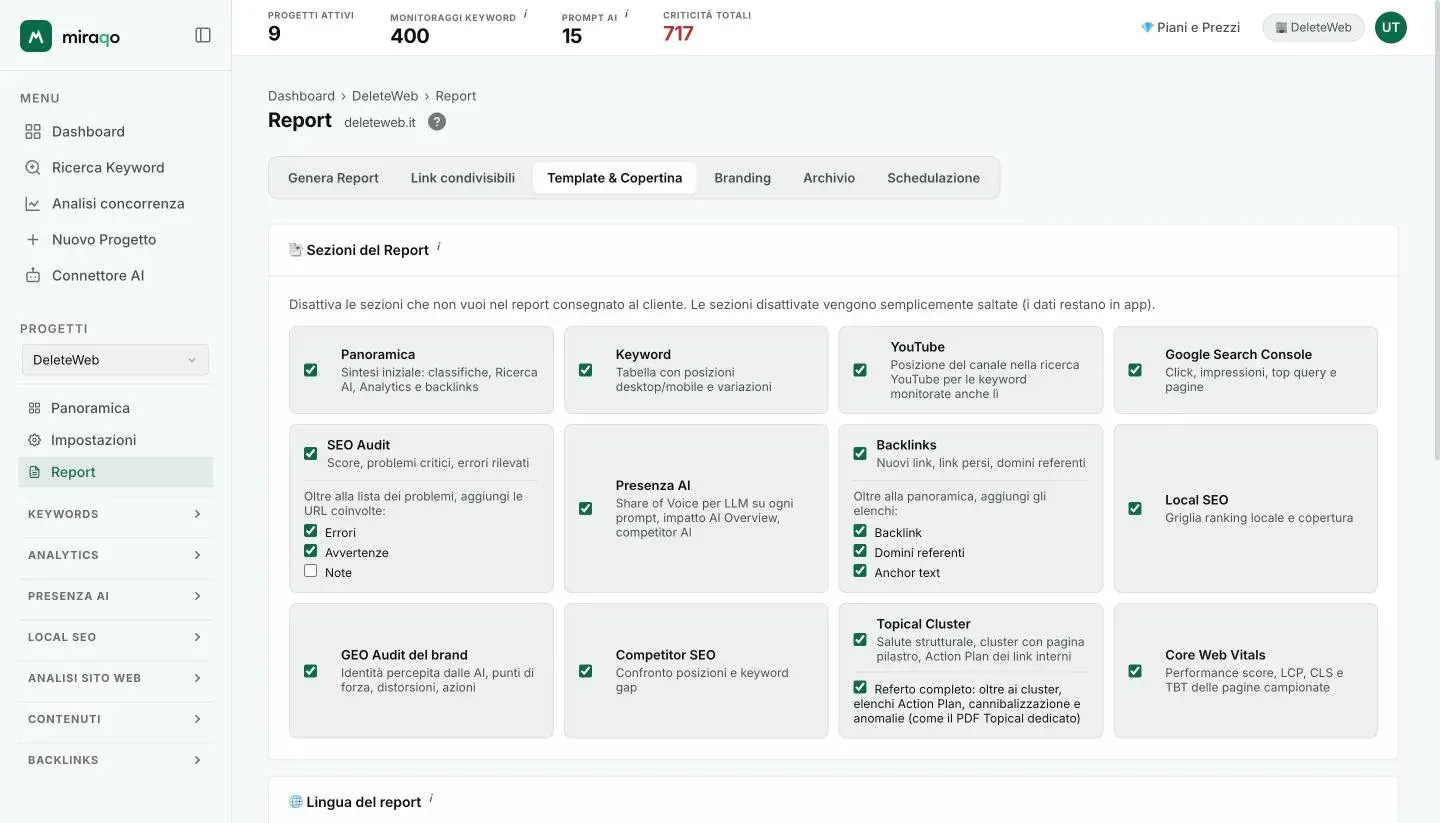 Il tab Template e Copertina, card Sezioni del Report: una casella per sezione con la descrizione, e sotto SEO Audit, Backlinks e Topical Cluster le caselle dei dettagli opzionali