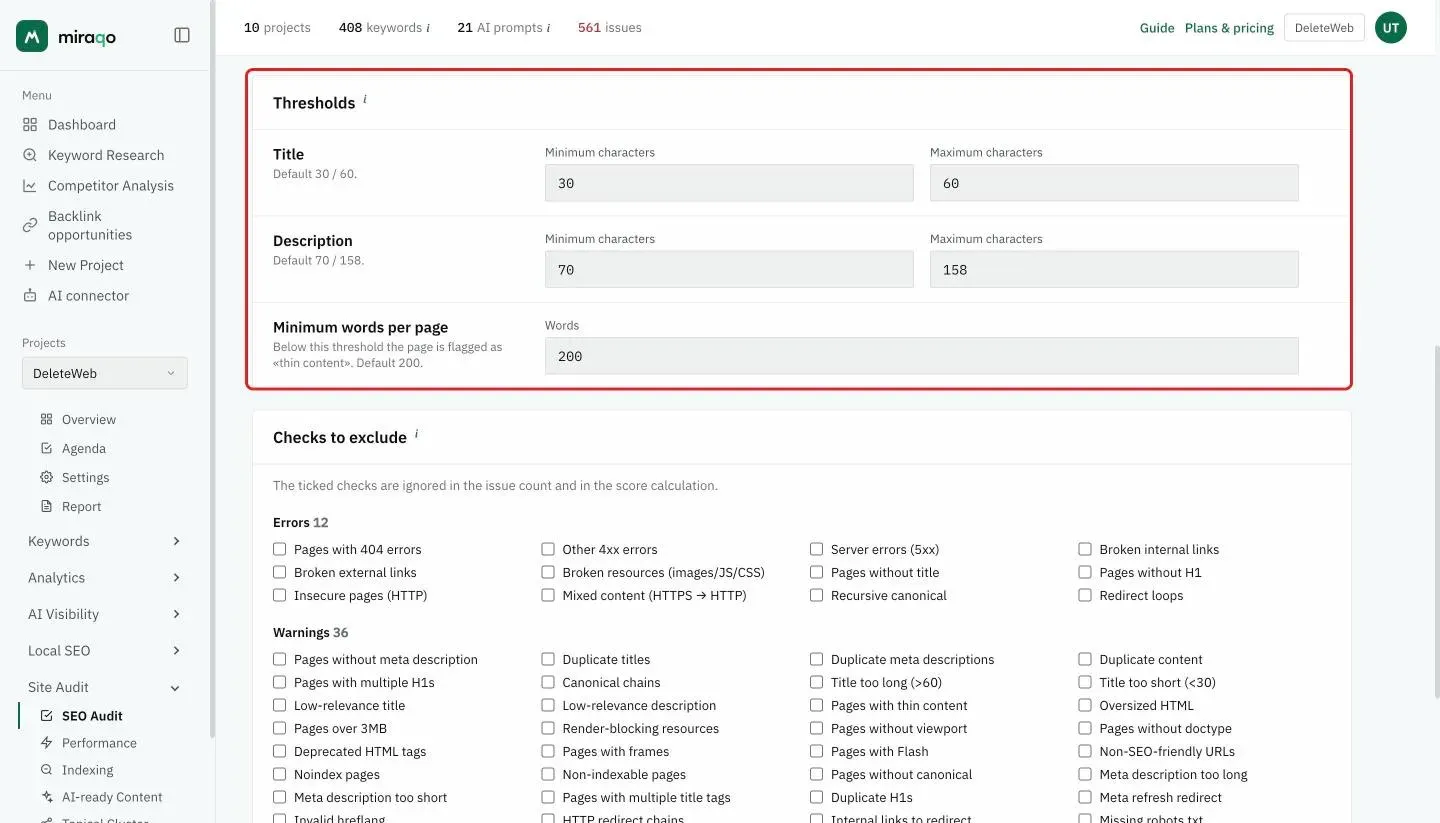 The Thresholds card, highlighted: one row for Title and one for Description with Minimum and Maximum characters, then the Minimum words per page; below, the Checks to exclude card begins