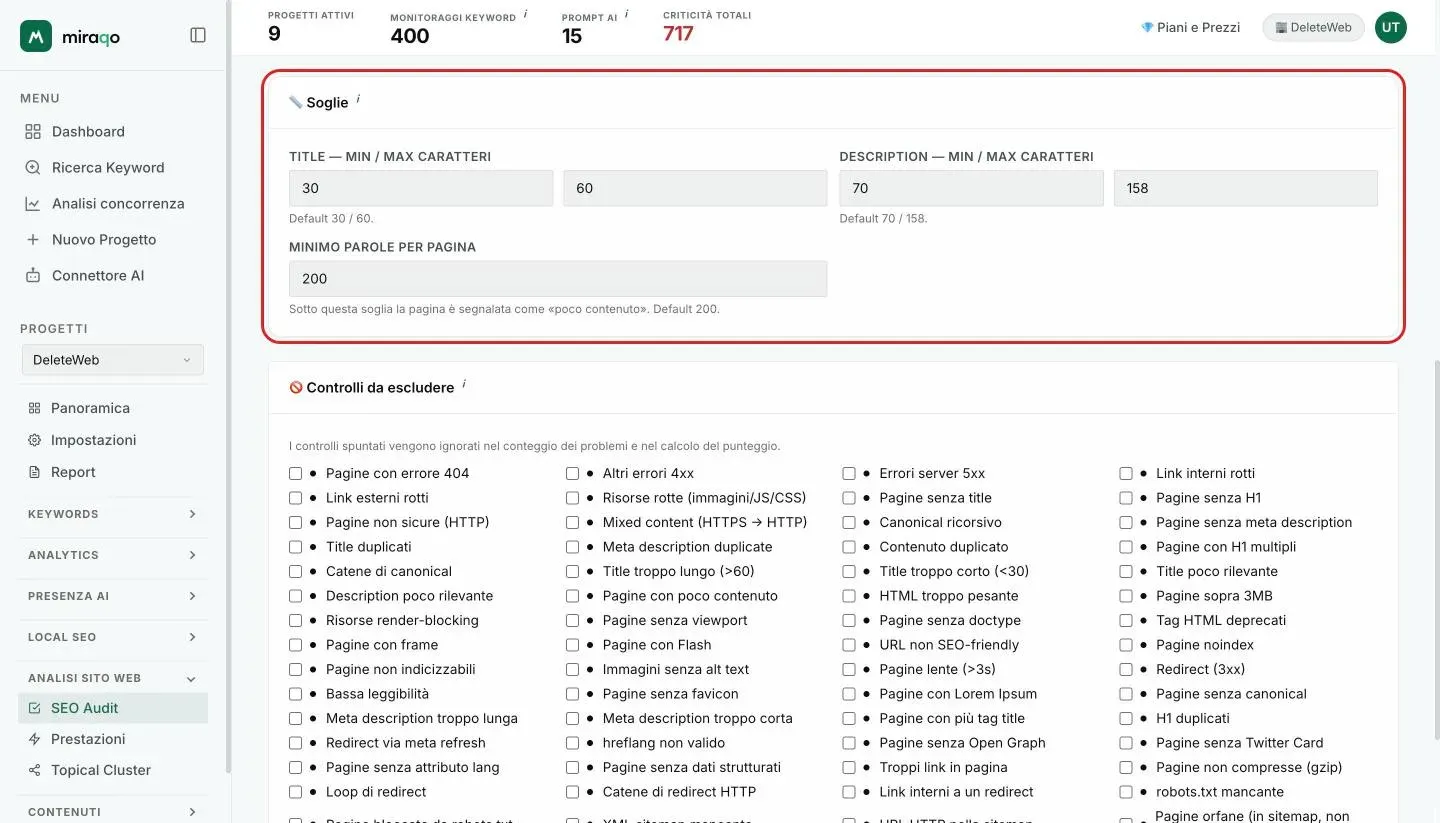 La card Soglie evidenziata: i campi min e max caratteri per Title e Description e il Minimo parole per pagina; sotto inizia la card Controlli da escludere