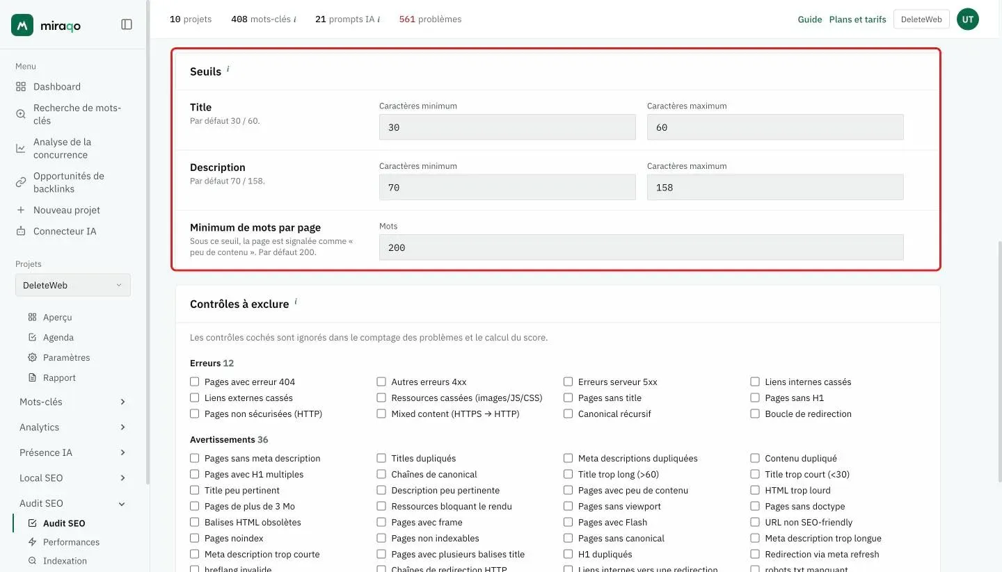 La carte Seuils mise en évidence : une ligne pour Title et une pour Description avec les caractères minimum et maximum, puis le Minimum de mots par page ; en dessous commence la carte Contrôles à exclure