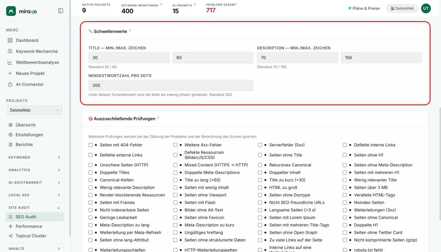 Die hervorgehobene Karte Schwellenwerte: die Min- und Max-Zeichenfelder für Title und Description und die Mindestwörter pro Seite; darunter beginnt die Karte Auszuschließende Checks