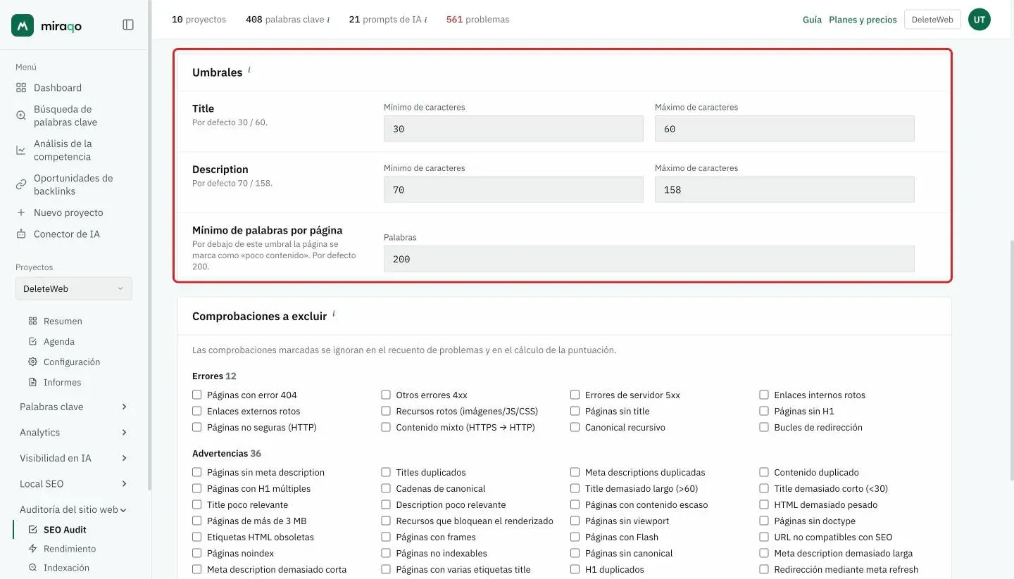 La tarjeta Umbrales, resaltada: una fila para Title y otra para Description con Mínimo y Máximo de caracteres, luego el Mínimo de palabras por página; debajo empieza la tarjeta Comprobaciones a excluir