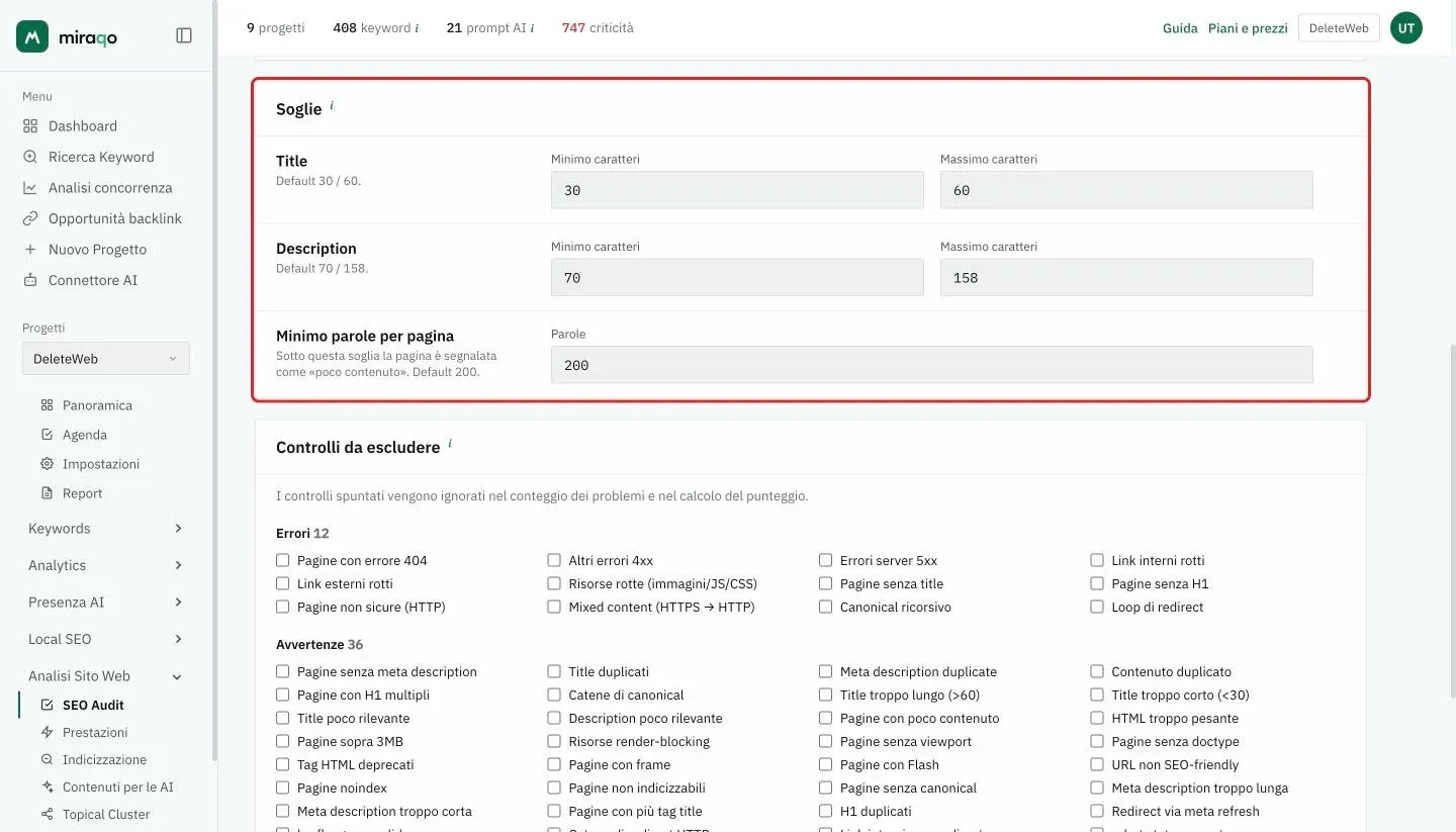 La card Soglie evidenziata: una riga per Title e una per Description con Minimo e Massimo caratteri, poi il Minimo parole per pagina; sotto inizia la card Controlli da escludere