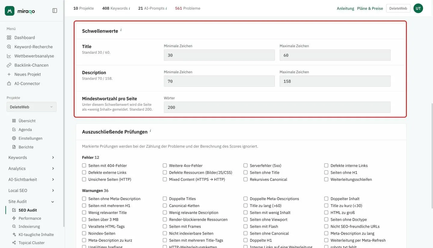 Die hervorgehobene Karte Schwellenwerte: eine Zeile für Title und eine für Description mit minimalen und maximalen Zeichen, dann die Mindestwortzahl pro Seite; darunter beginnt die Karte Auszuschließende Prüfungen