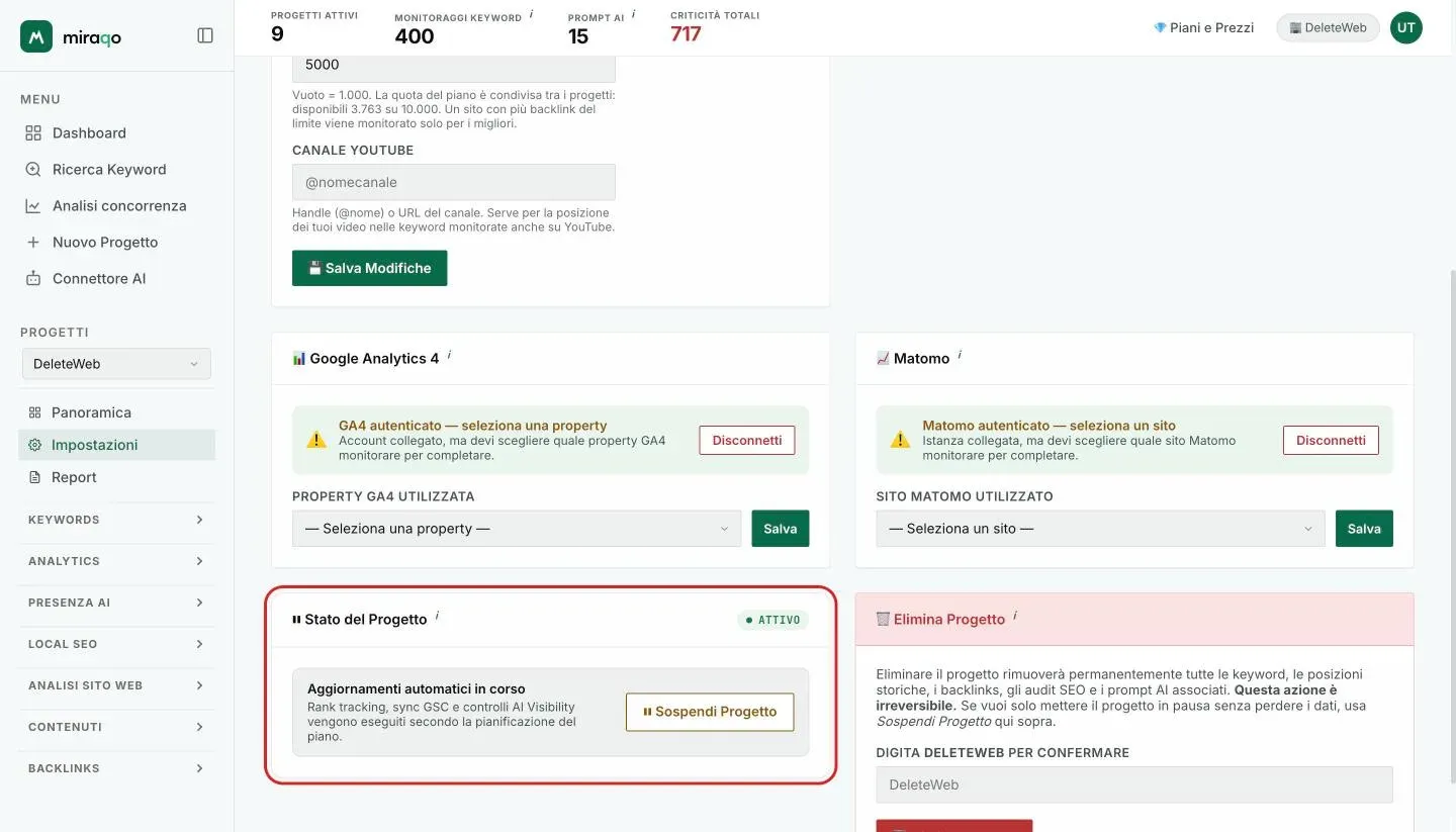 La card Stato del Progetto evidenziata con il pill Attivo, la nota Aggiornamenti automatici in corso e il pulsante Sospendi Progetto; accanto, la zona rossa Elimina Progetto con il campo di conferma
