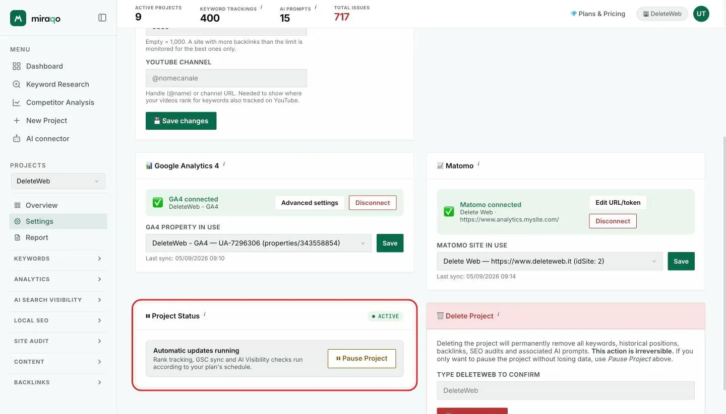 The Project Status card, highlighted, with the Active pill, the Automatic updates running note and the Suspend Project button; next to it, the red Delete Project zone with the confirmation field