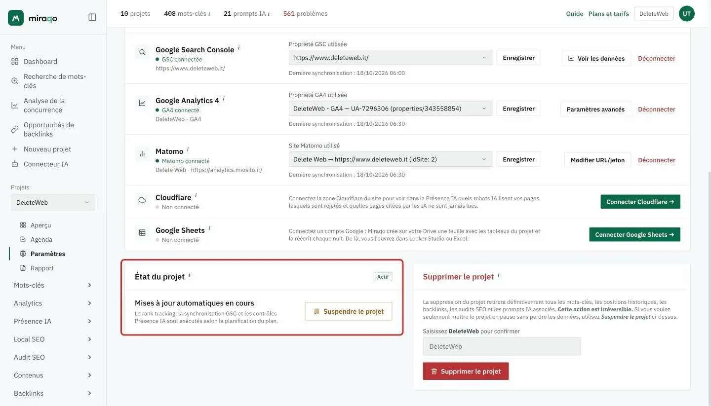 La carte État du projet mise en évidence avec l’étiquette Actif, la note Mises à jour automatiques en cours et le bouton Suspendre le projet ; à côté, la zone rouge Supprimer le projet avec le champ de confirmation