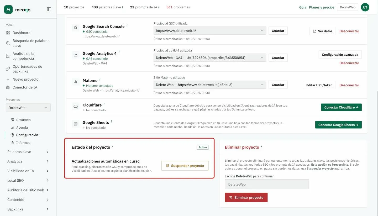 La tarjeta Estado del proyecto, resaltada, con la etiqueta Activo, la nota Actualizaciones automáticas en curso y el botón Suspender proyecto; al lado, la zona roja Eliminar proyecto con el campo de confirmación