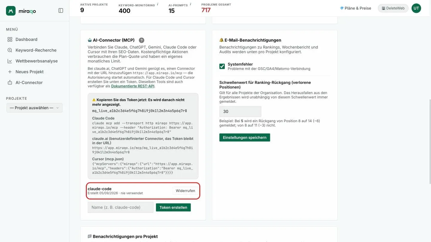 Die hervorgehobene Liste der aktiven Tokens unter dem Feld: die Zeile des Tokens claude-code mit Erstellungsdatum, letzter Nutzung und dem Button Widerrufen