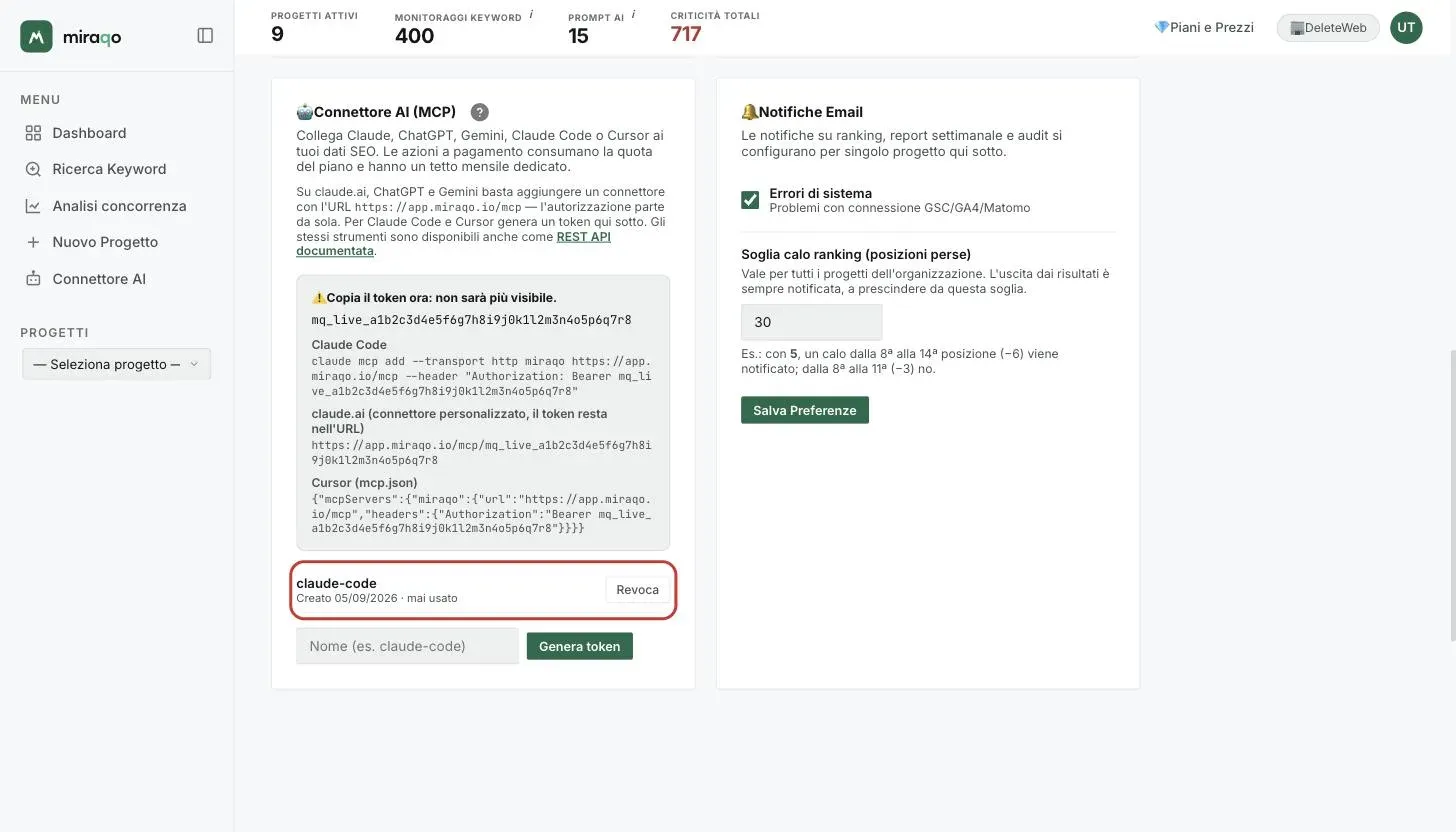 L’elenco dei token attivi sotto il riquadro: la riga del token claude-code con data di creazione, ultimo utilizzo e il pulsante Revoca, evidenziata