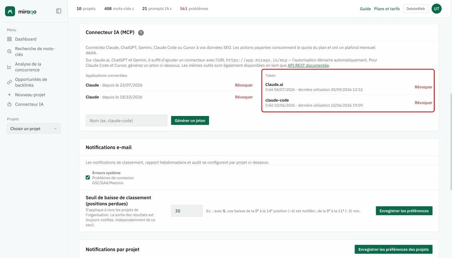 La colonne Token de la carte Connecteur IA, mise en valeur : les jetons Claude.ai et claude-code, chacun avec la date de création, la dernière utilisation et le bouton Révoquer