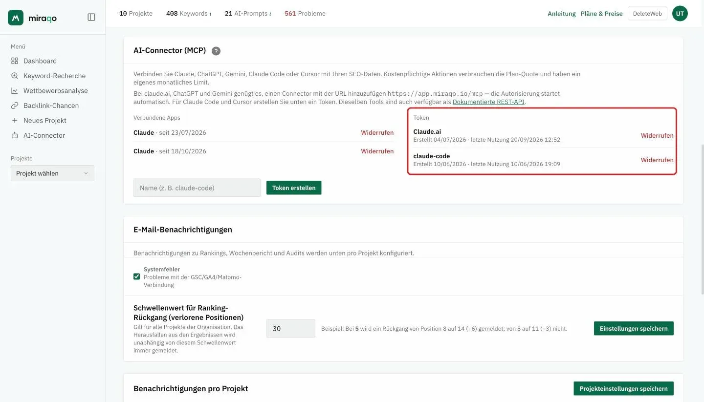 Die hervorgehobene Spalte Token der Karte AI-Connector: die Token Claude.ai und claude-code, jeweils mit Erstellungsdatum, letzter Nutzung und dem Button Widerrufen