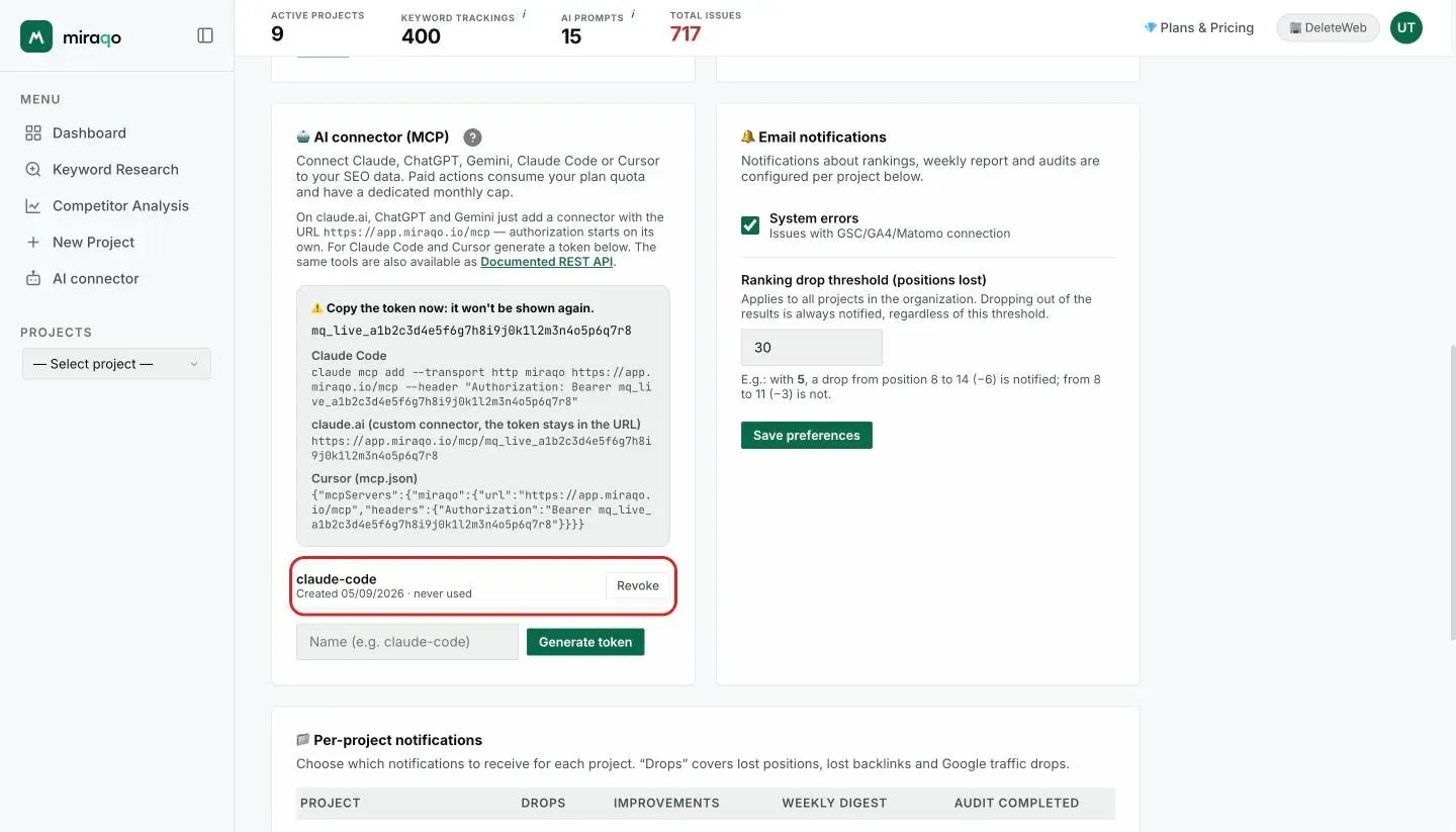 The list of active tokens below the box: the claude-code token row with the creation date, last use and the Revoke button, highlighted