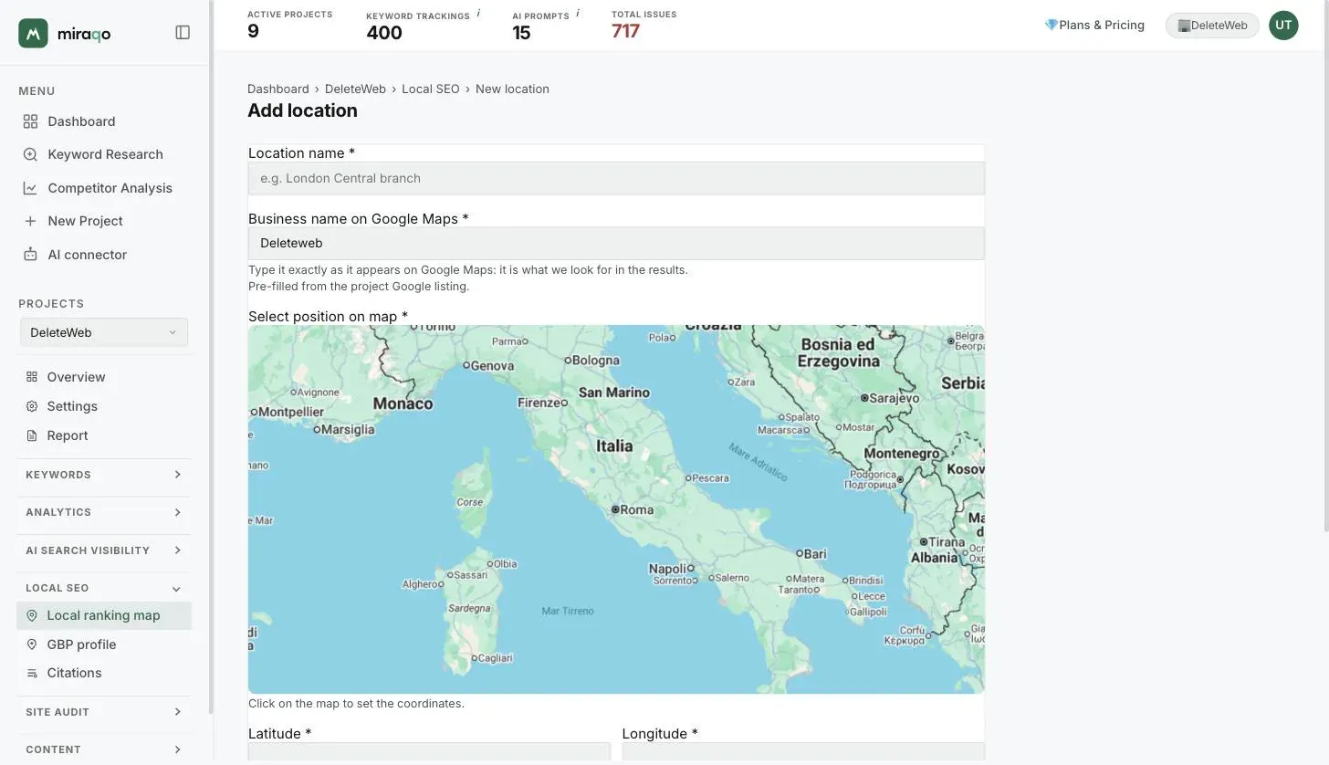 The Add location page: the Location name and Business name on Google Maps fields (pre-filled from the Google profile) and the map to click on to set the grid’s centre