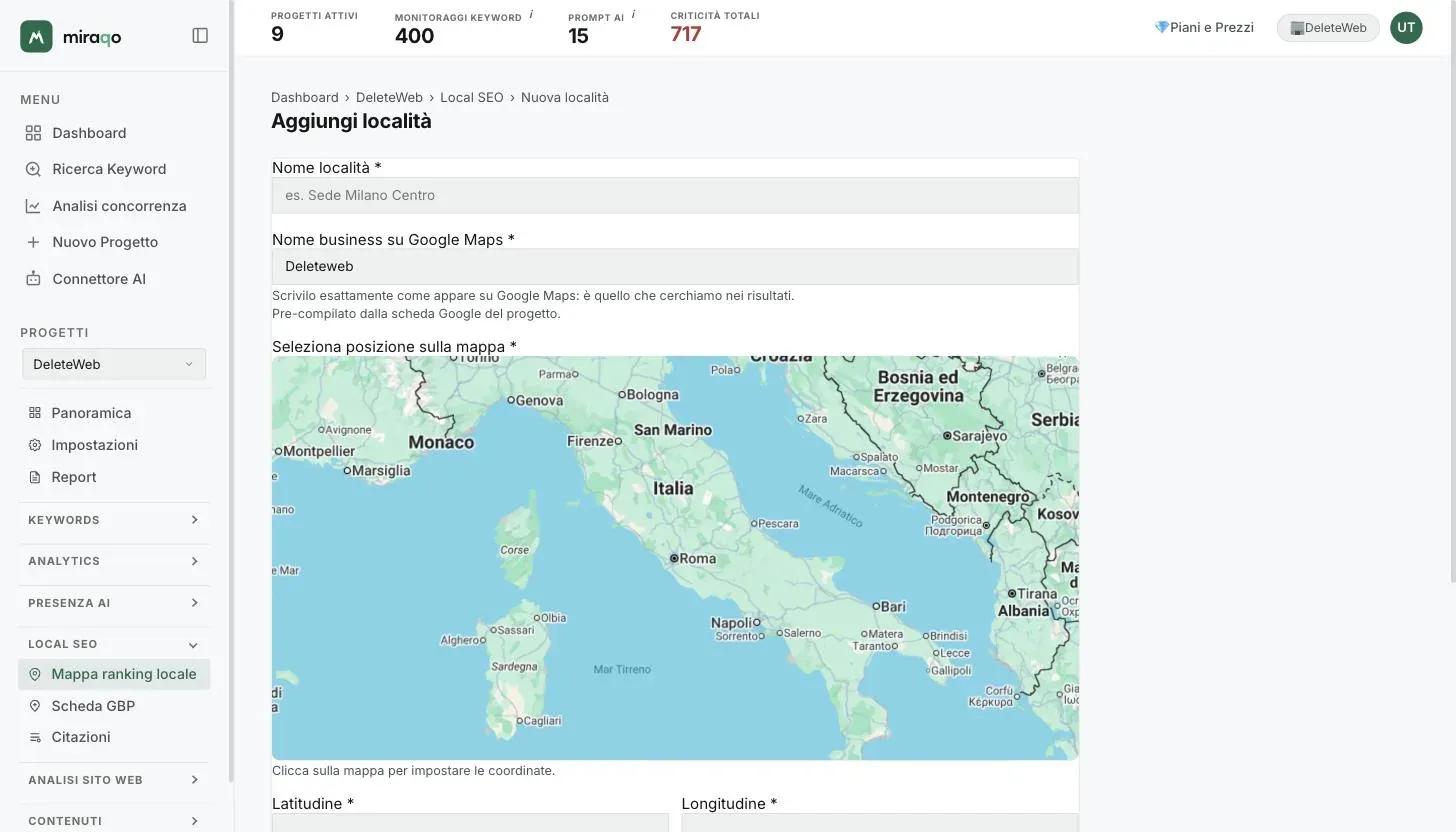 La pagina Aggiungi località: campi Nome località e Nome business su Google Maps (pre-compilato dalla scheda Google) e la mappa su cui cliccare per impostare il centro della griglia