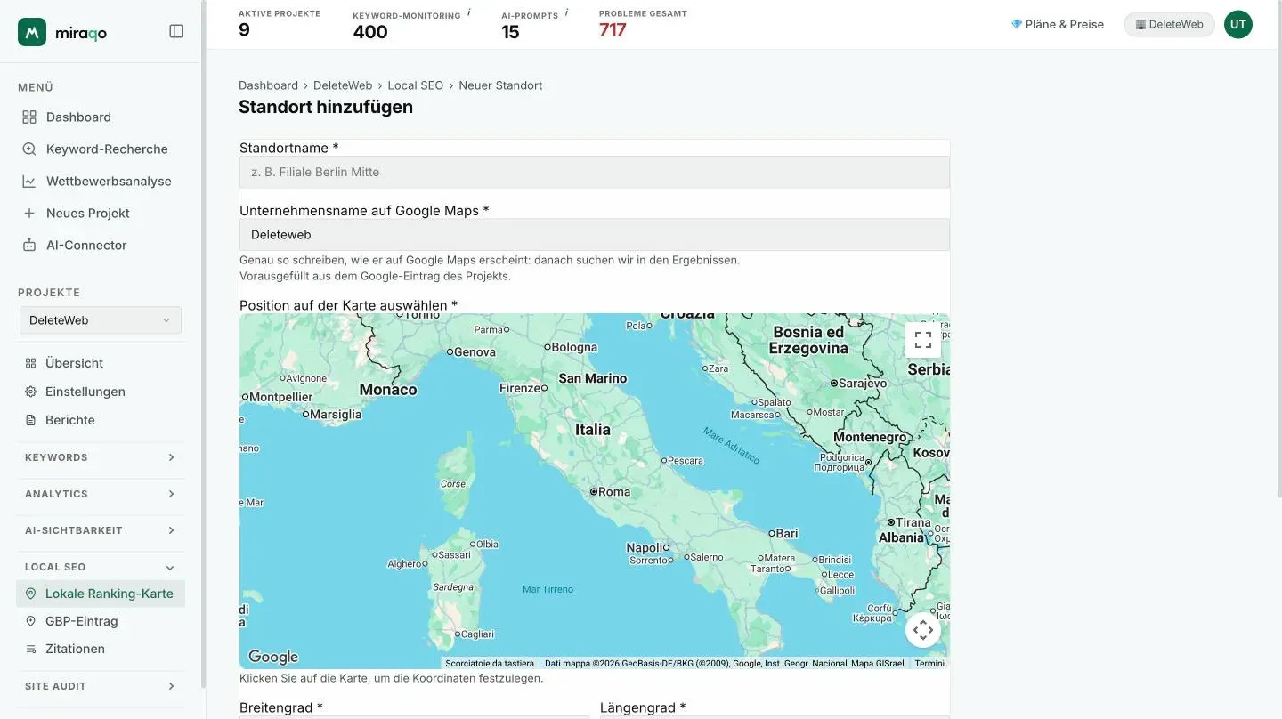 Die Seite Standort hinzufügen: die Felder Standortname und Unternehmensname auf Google Maps (vorausgefüllt aus dem Google-Eintrag) und die Karte, auf die geklickt wird, um das Zentrum des Grids festzulegen