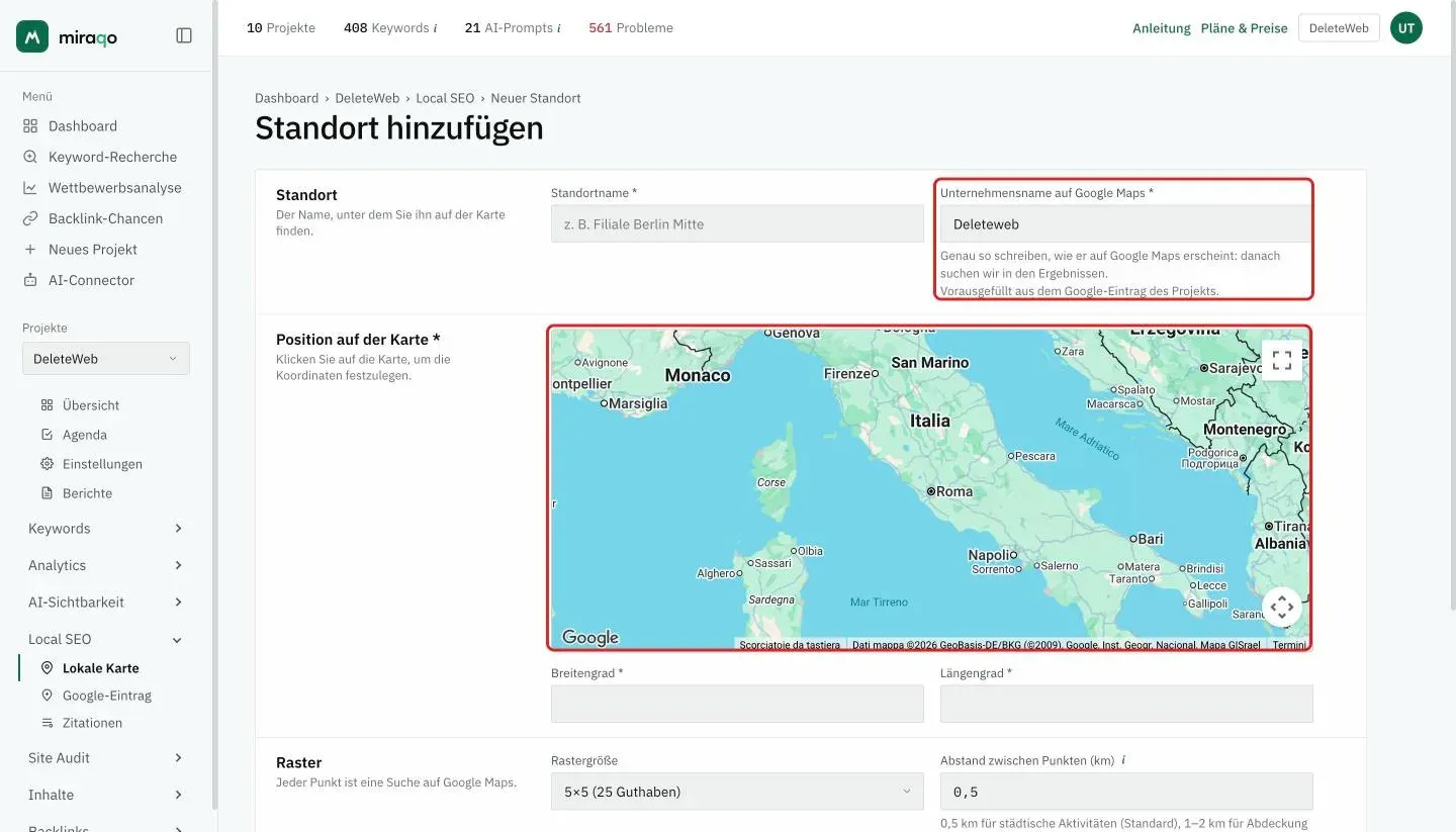 Die Seite Standort hinzufügen: das hervorgehobene Feld Unternehmensname auf Google Maps, vorausgefüllt aus dem Google-Eintrag, und die hervorgehobene Karte, auf die geklickt wird, um das Zentrum des Rasters festzulegen