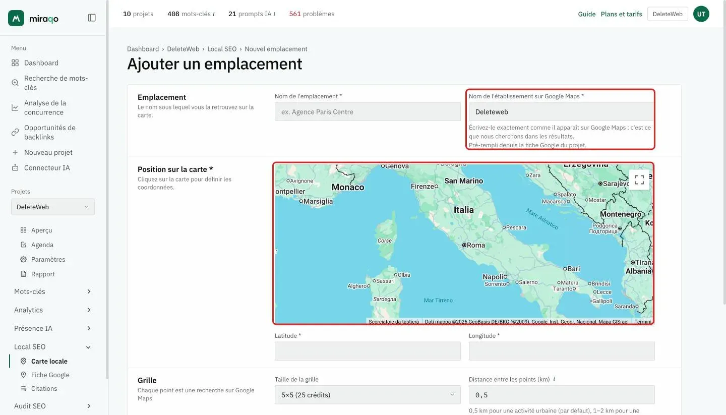 La page Ajouter un emplacement : le champ Nom de l’établissement sur Google Maps mis en évidence, prérempli depuis la fiche Google, et la carte mise en évidence sur laquelle cliquer pour définir le centre de la grille
