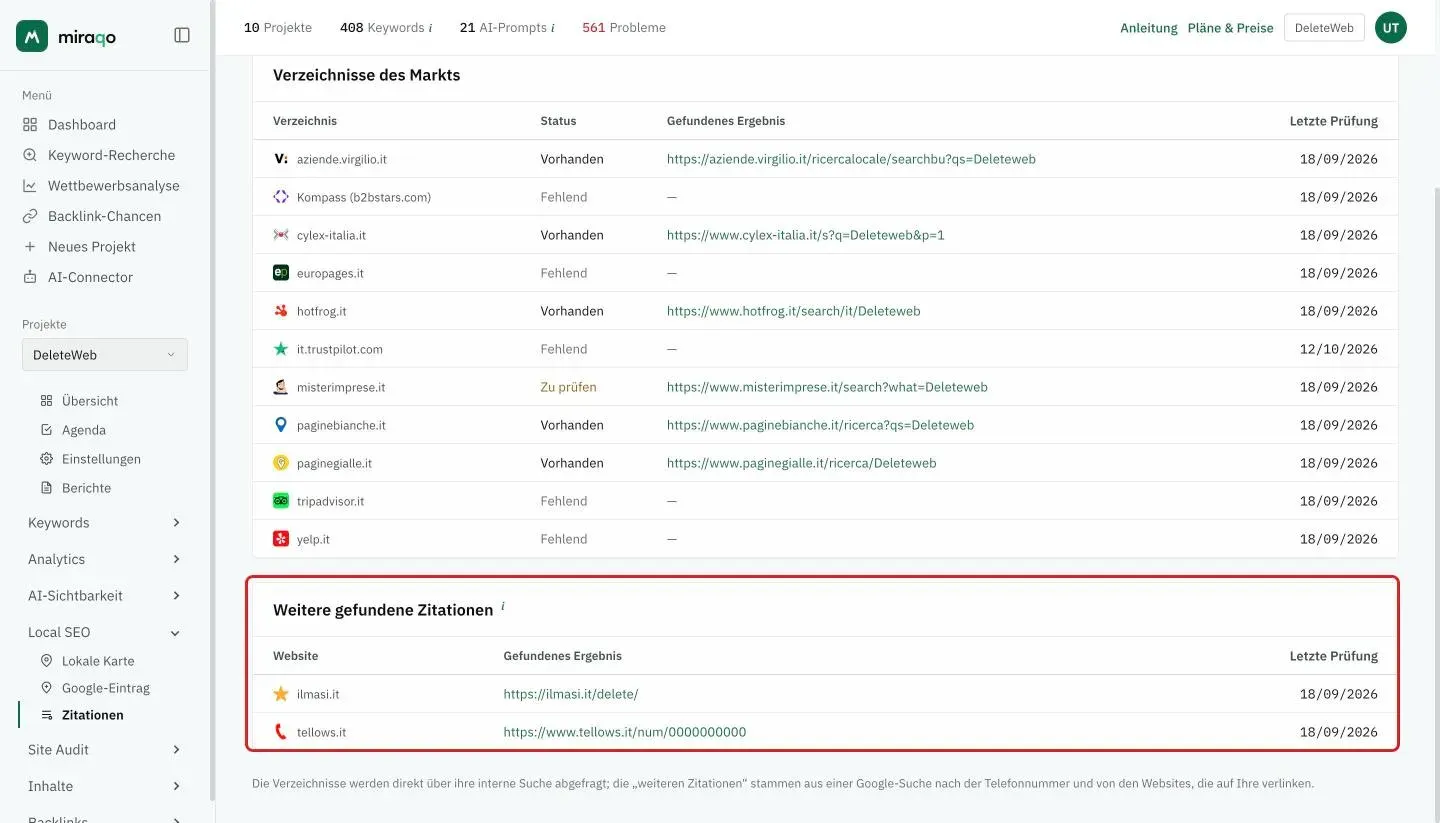 Der hervorgehobene Abschnitt Weitere gefundene Zitationen unter der Tabelle: die Websites außerhalb der Verzeichnisliste mit dem Link zum Ergebnis und dem Datum der letzten Prüfung; unten der Hinweis, woher die Ergebnisse stammen