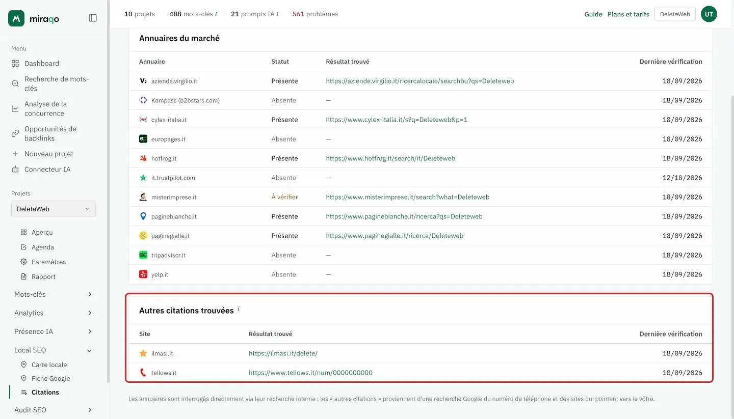 La section Autres citations trouvées, mise en valeur sous le tableau : les sites hors liste des annuaires avec le lien vers le résultat et la date de la dernière vérification ; en bas, la note sur l’origine des résultats