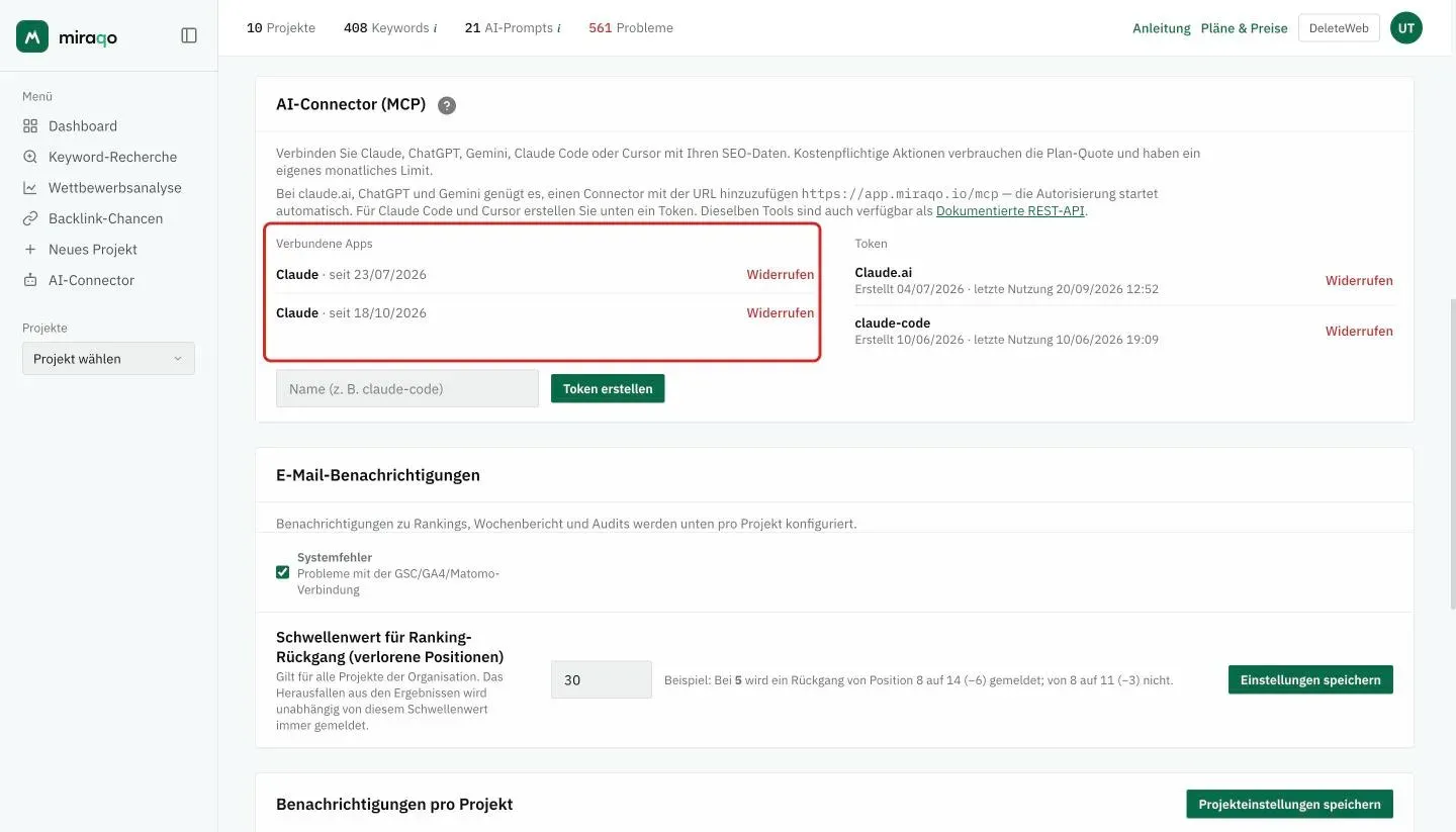 Die hervorgehobene Spalte Verbundene Apps der Karte AI-Connector: zwei Verbindungen mit Claude, jede mit ihrem Datum und dem Button Widerrufen; rechts die Liste der persönlichen Token