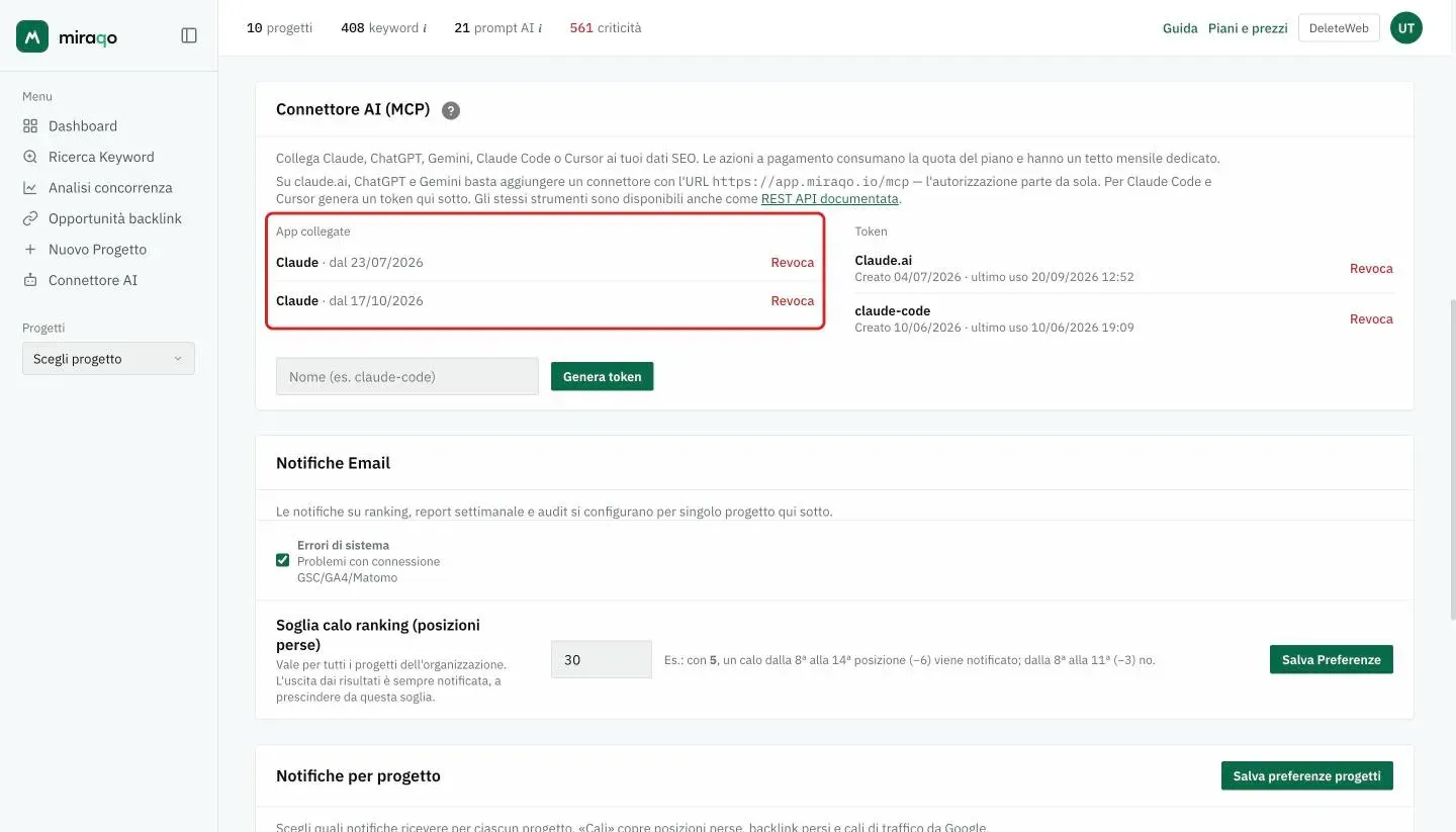 La colonna App collegate della card Connettore AI, evidenziata: due collegamenti di Claude, ciascuno con la data e il pulsante Revoca; a destra l’elenco dei token personali