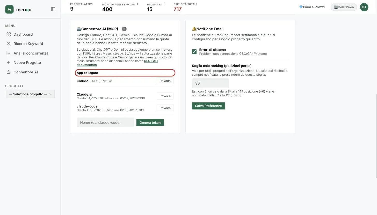 La sezione App collegate della card Connettore AI, evidenziata: la riga dell’app Claude con la data del collegamento e il pulsante Revoca; sotto, l’elenco dei token personali