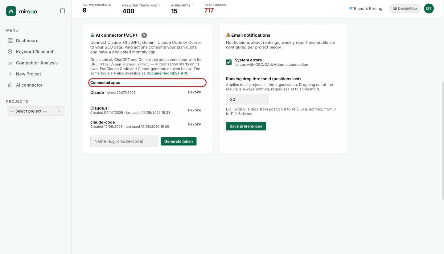 The Connected apps section of the AI Connector card, highlighted: the Claude app row with the connection date and the Revoke button; below, the list of personal tokens