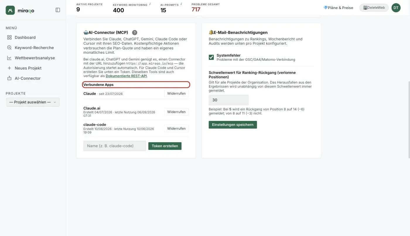 Der hervorgehobene Abschnitt Verbundene Apps der Karte AI-Connector: die Zeile der App Claude mit dem Datum der Verbindung und dem Button Widerrufen; darunter die Liste der persönlichen Tokens