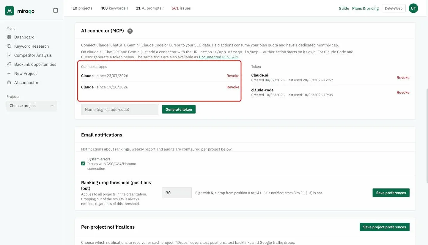 The Connected apps column of the AI connector card, highlighted: two Claude connections, each with its date and the Revoke button; on the right the list of personal tokens