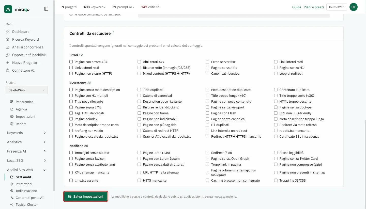 La card Controlli da escludere con le caselle divise nei gruppi Errori, Avvertenze e Notifiche, una per controllo, e in fondo il pulsante Salva impostazioni evidenziato con la nota che soglie e controlli ricalcolano subito gli audit esistenti