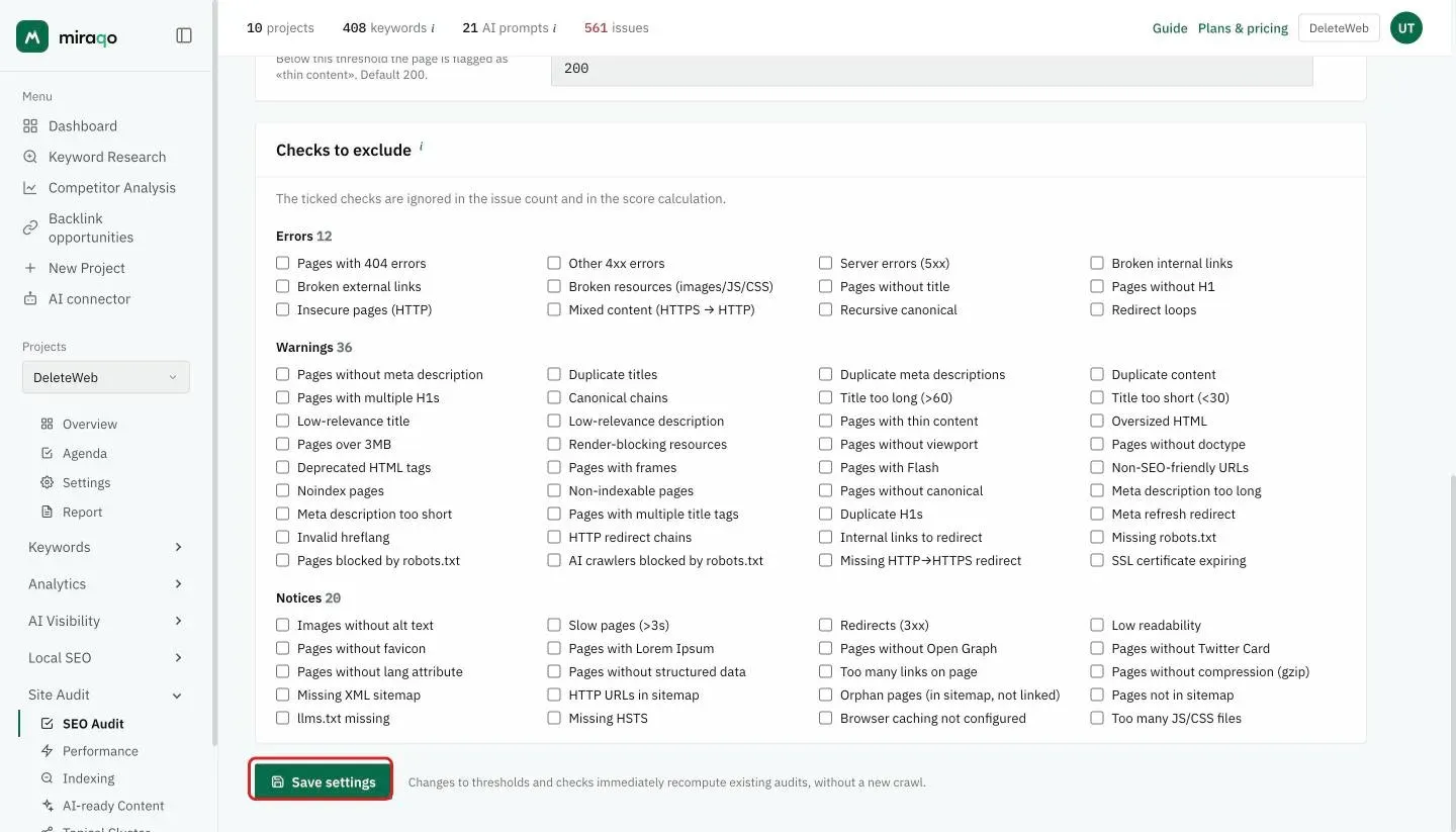 The Checks to exclude card with the checkboxes split into the Errors, Warnings and Notices groups, one per check, and at the bottom the highlighted Save settings button with the note that thresholds and checks immediately recalculate existing audits