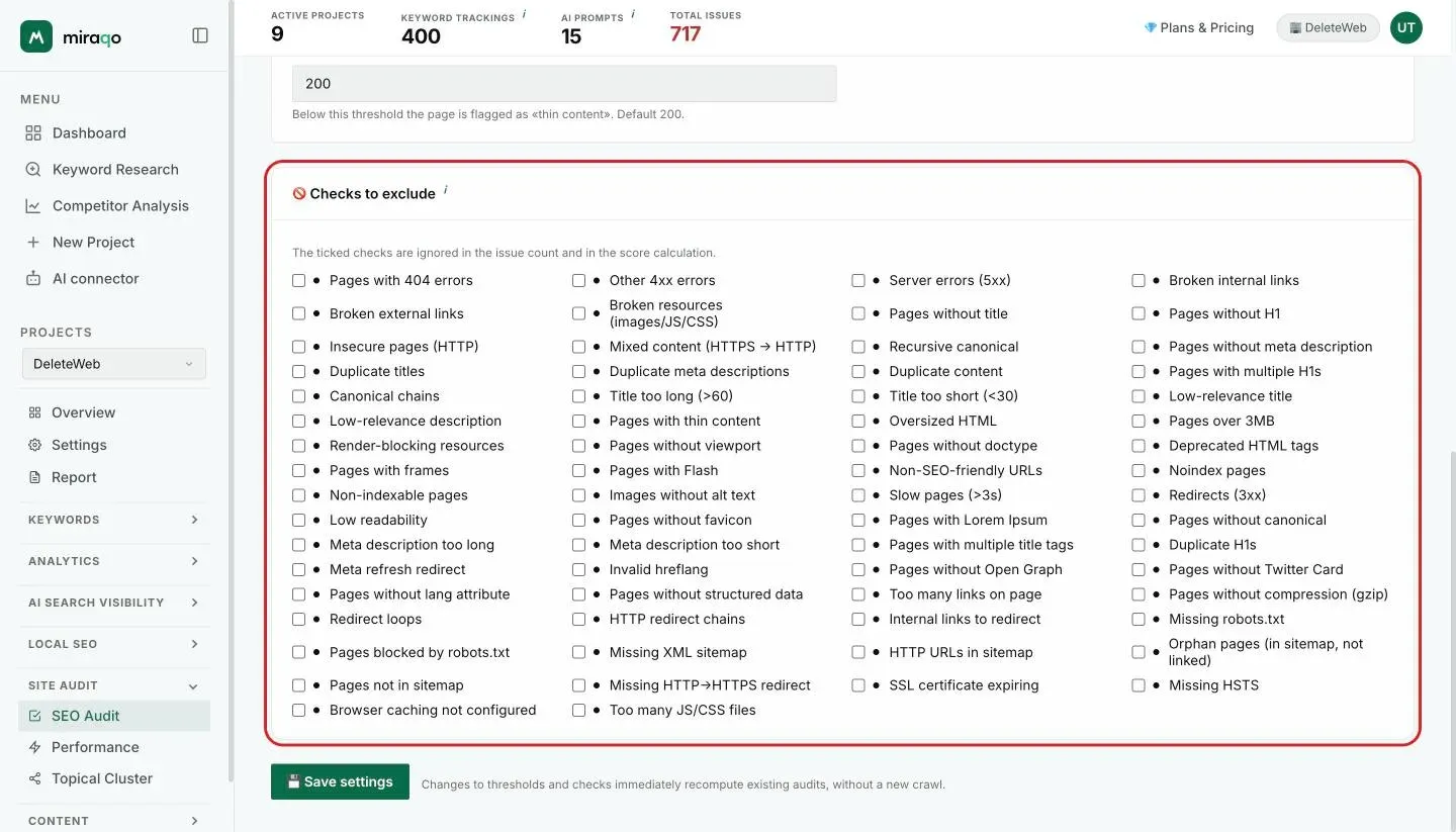 The Checks to exclude card with the grid of checkboxes, one per check, and at the bottom the highlighted Save settings button with the note that thresholds and checks immediately recalculate existing audits