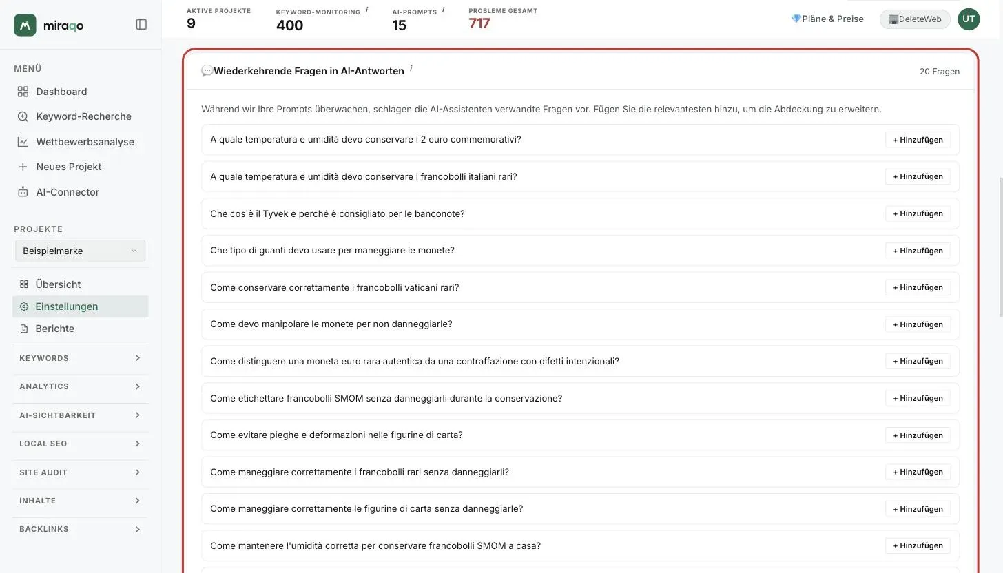 Die hervorgehobene Karte Wiederkehrende Fragen in AI-Antworten: eine Zeile pro Frage mit dem Button + Hinzufügen und dem Zähler der Fragen oben rechts