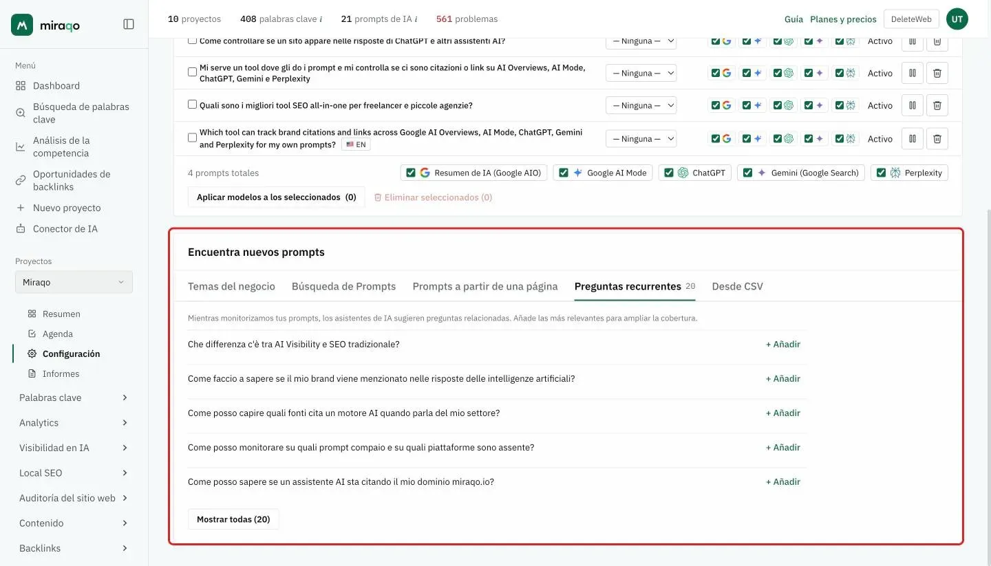 La tarjeta Encuentra nuevos prompts, pestaña Preguntas recurrentes abierta con el contador 20: las cinco primeras preguntas, cada una con el botón + Añadir, y debajo el botón Mostrar todas (20)