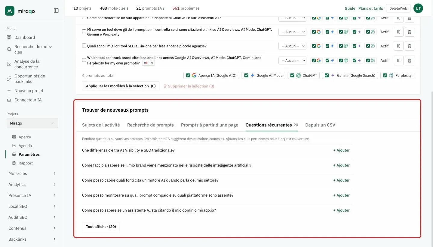 La carte Trouver de nouveaux prompts, onglet Questions récurrentes ouvert avec le compteur 20 : les cinq premières questions, chacune avec le bouton + Ajouter, et dessous le bouton Tout afficher (20)