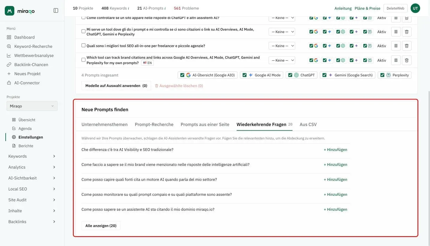 Die Karte Neue Prompts finden, Tab Wiederkehrende Fragen geöffnet mit dem Zähler 20: die ersten fünf Fragen, jede mit dem Button + Hinzufügen, und darunter der Button Alle anzeigen (20)