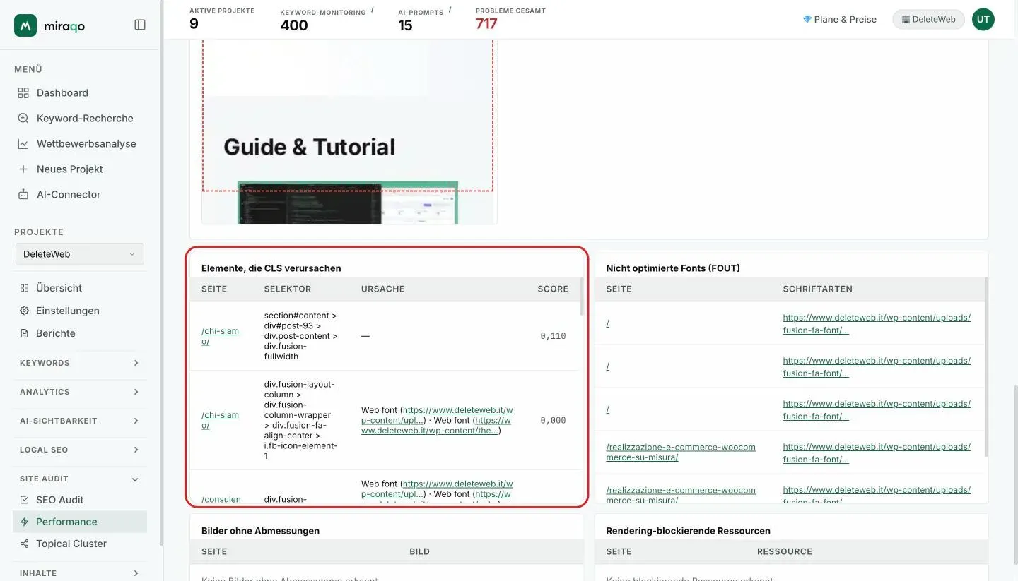 Die hervorgehobene Karte Elemente, die CLS verursachen, mit Seite, Selektor, Ursache und Score, und daneben Nicht optimierte Fonts (FOUT) mit Seite und Font; darunter beginnen Bilder ohne Dimensionen und Rendering-blockierende Ressourcen