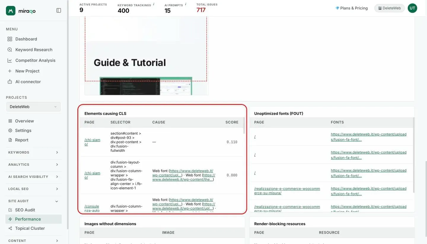 The Elements causing CLS card, highlighted, with page, selector, cause and score, and next to it Unoptimized fonts (FOUT) with page and font; below, Images without dimensions and Render-blocking resources begin