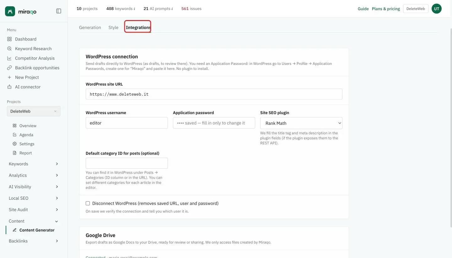 The Integrations tab highlighted: the WordPress connection with site URL, username, already saved application password, Rank Math SEO plugin, default category and the Disconnect checkbox, and below Google Drive with the Connected status