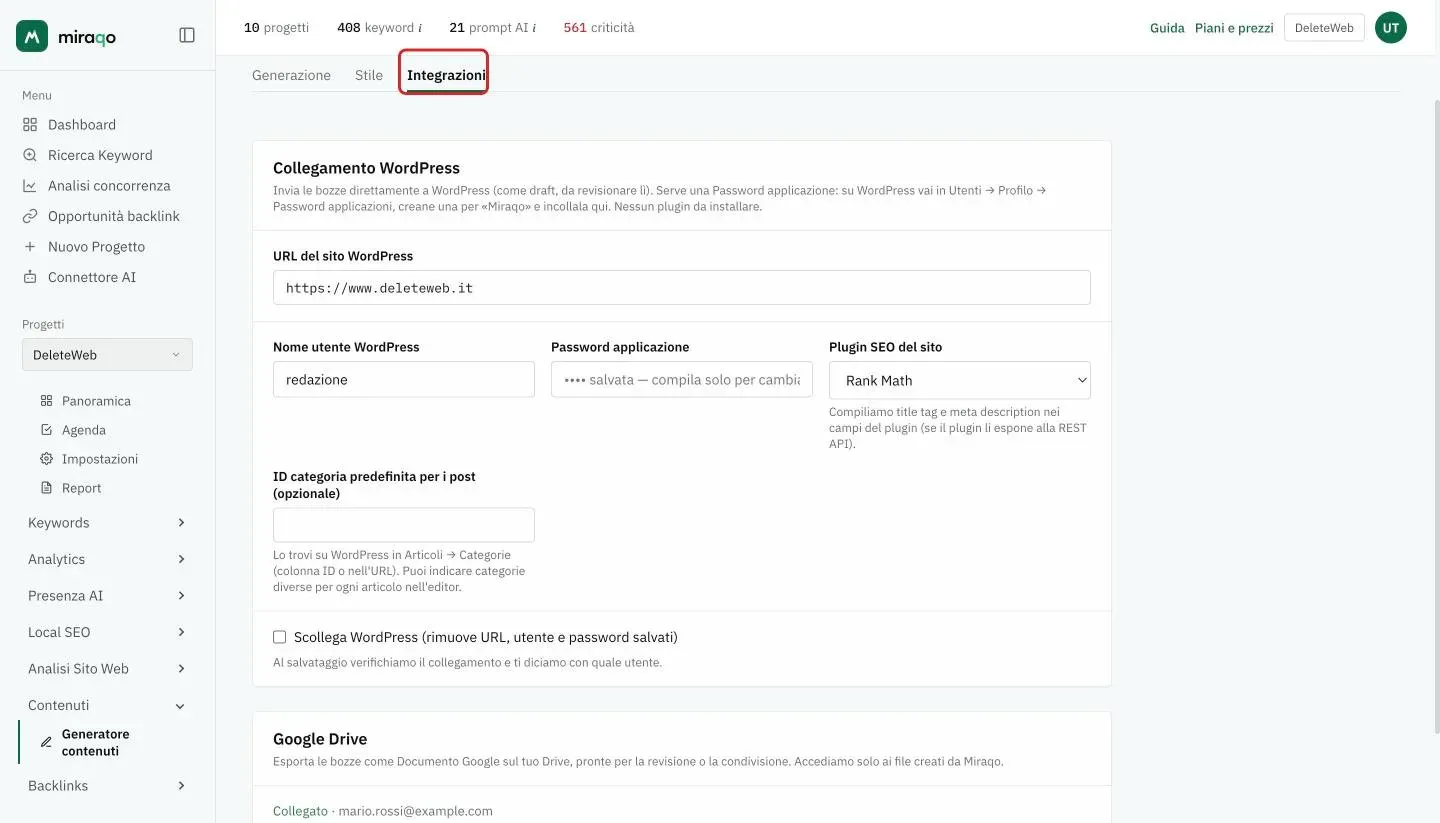 La scheda Integrazioni evidenziata: il Collegamento WordPress con URL del sito, nome utente, password applicazione già salvata, plugin SEO Rank Math, categoria predefinita e la casella Scollega, e sotto Google Drive con lo stato Collegato