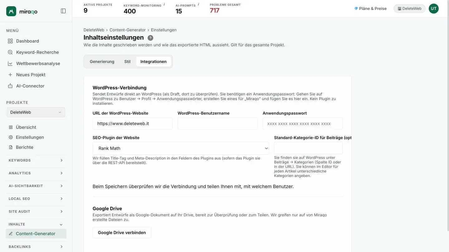 Der Tab Integrationen: die WordPress-Verbindung mit Website-URL, Benutzername, Application Password, SEO-Plugin und Standardkategorie, dann Google Drive mit dem Button Verbinden und unten Speichern