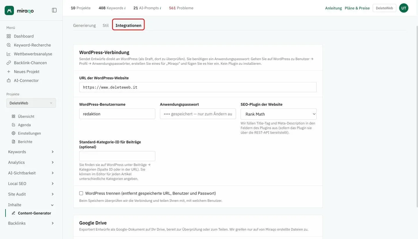 Der hervorgehobene Tab Integrationen: die WordPress-Verbindung mit Website-URL, Benutzername, bereits gespeichertem Anwendungspasswort, SEO-Plugin Rank Math, Standard-Kategorie und dem Kästchen WordPress trennen, darunter Google Drive