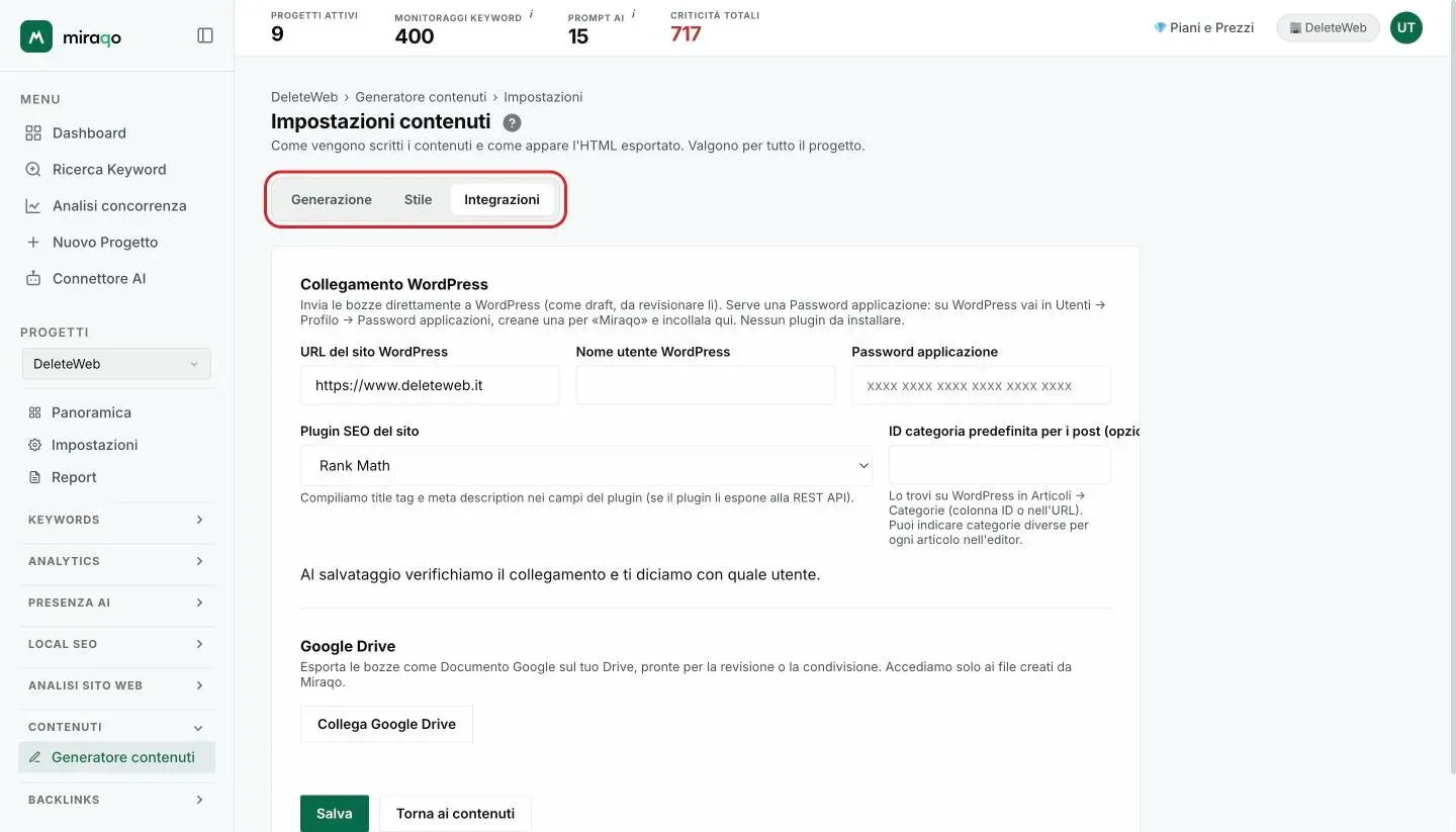 Il tab Integrazioni: il Collegamento WordPress con URL del sito, nome utente, password applicazione, plugin SEO e categoria predefinita, poi Google Drive con il pulsante Collega e in fondo Salva