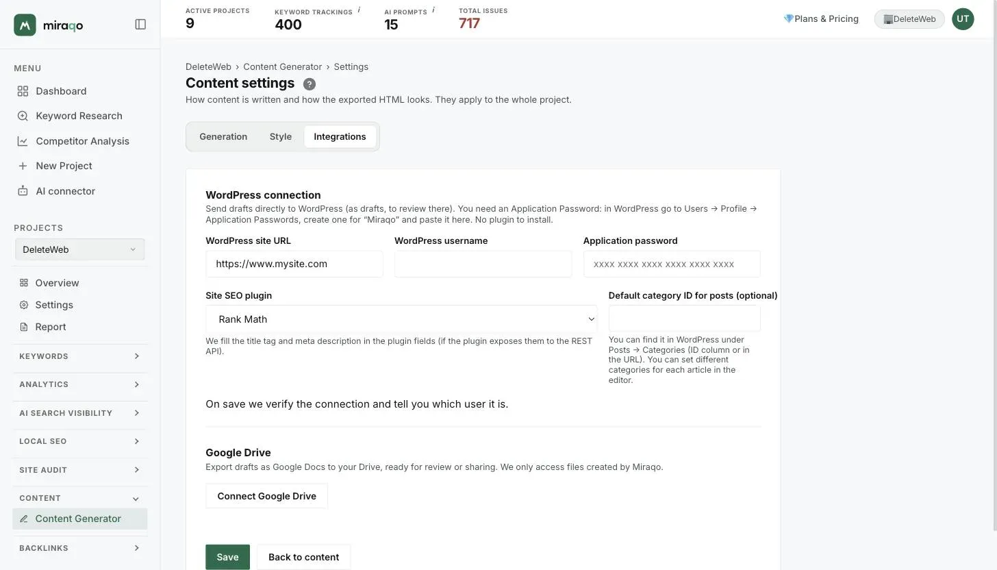 The Integrations tab: the WordPress connection with site URL, username, application password, SEO plugin and default category, then Google Drive with the Connect button and Save at the bottom