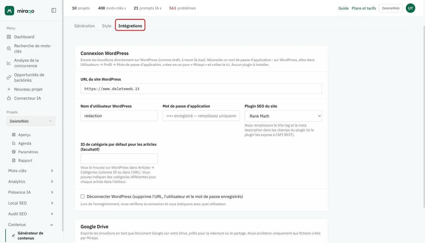 L’onglet Intégrations mis en évidence : la Connexion WordPress avec l’URL du site, le nom d’utilisateur, le mot de passe d’application déjà enregistré, le plugin SEO Rank Math, la catégorie par défaut et la case Déconnecter, puis Google Drive avec le statut Connecté