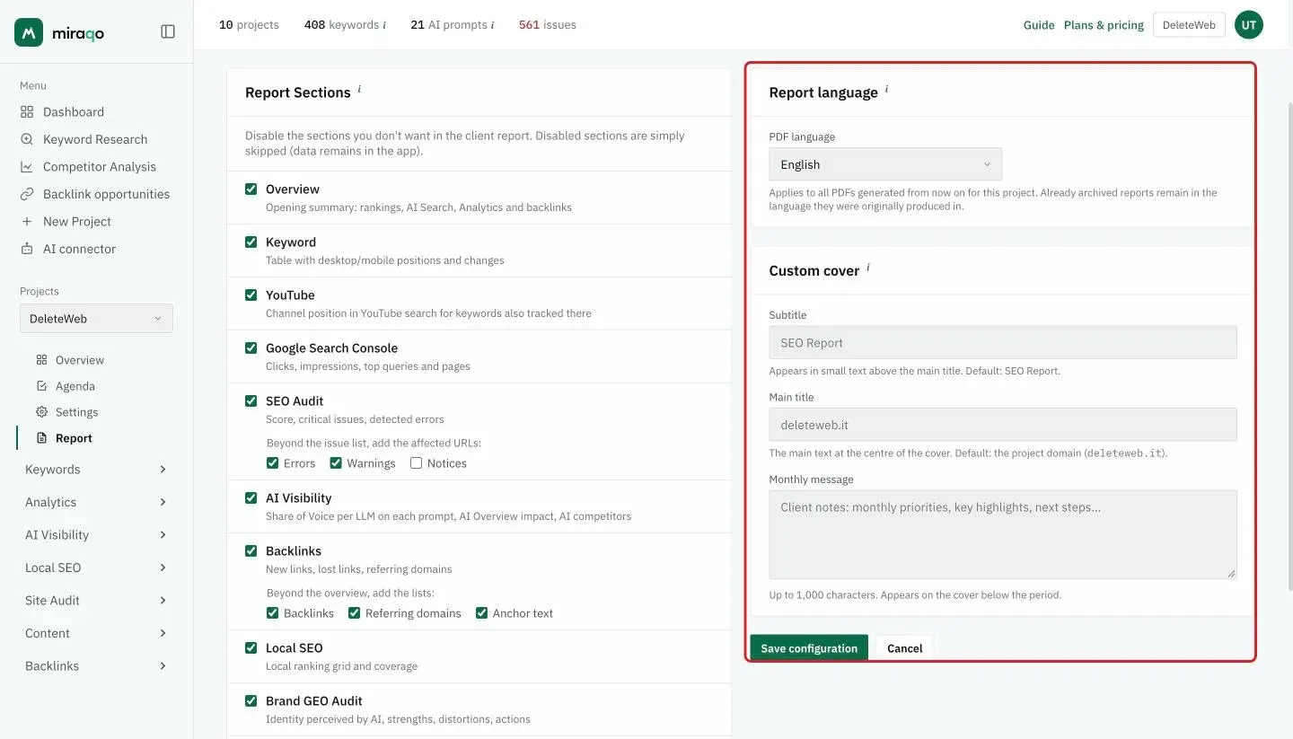 Highlighted on the right, the Report language card, with the PDF language menu, and Custom cover with Subtitle, Main title and Monthly message, and below Save configuration; on the left the Report Sections