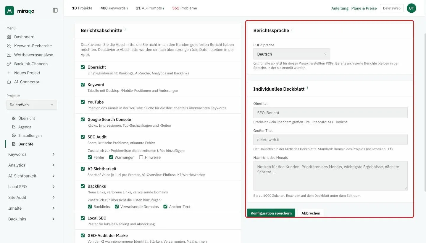 Rechts hervorgehoben die Karte Berichtssprache, mit dem Menü PDF-Sprache, und Individuelles Deckblatt mit Obertitel, Großer Titel und Nachricht des Monats, darunter Konfiguration speichern; links die Berichtsabschnitte